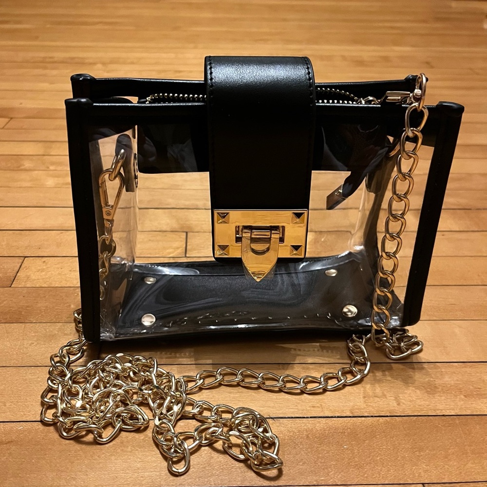 Clear Stadium Approved Black Luxury Bag with Gold Chain